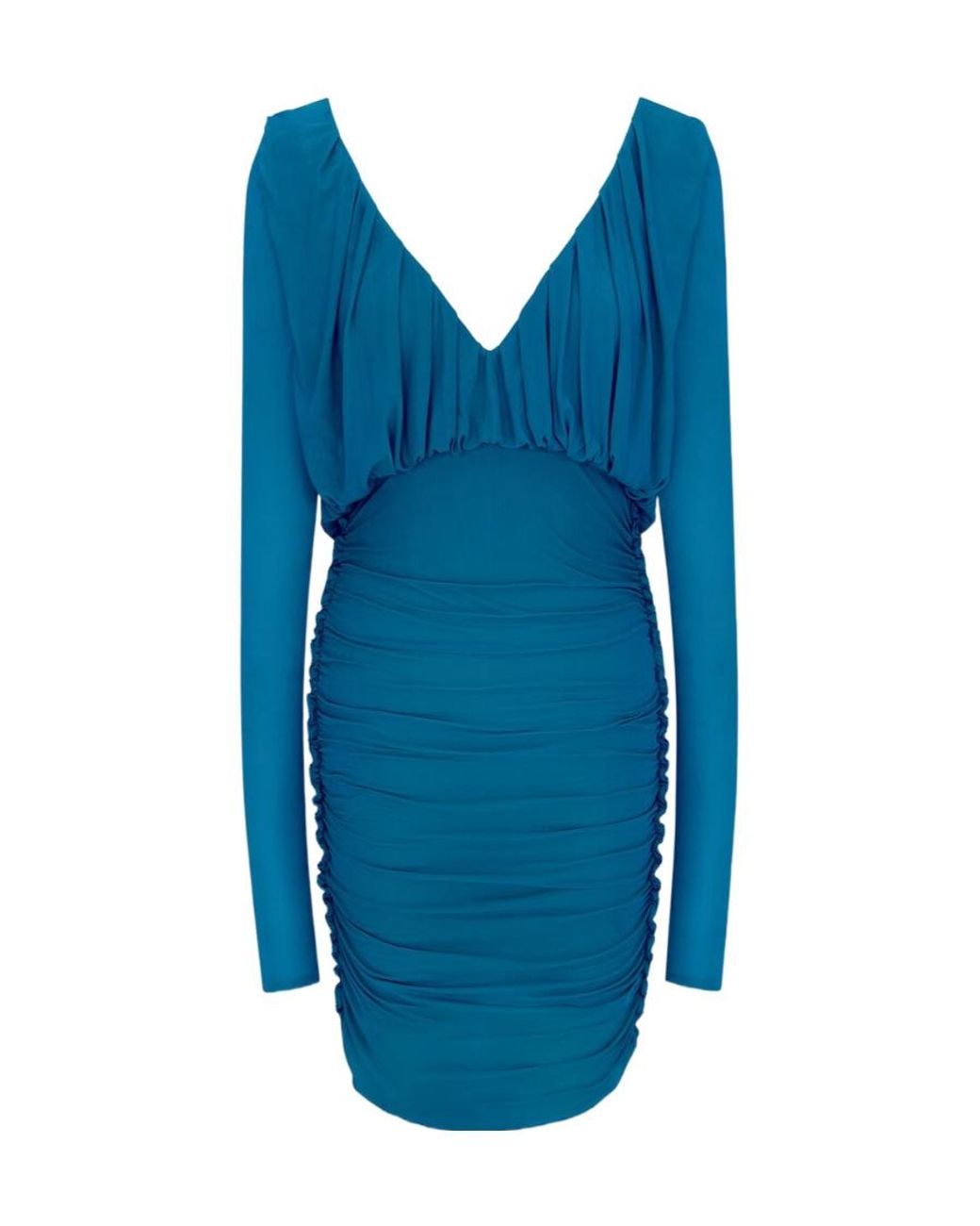 Saint Laurent Blue V-Neck Draped Long-Sleeved Dress