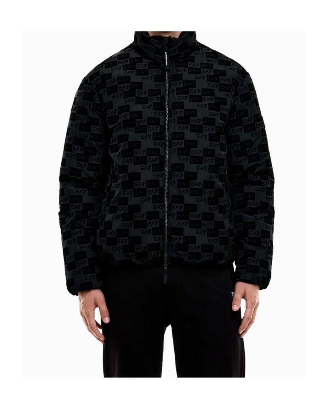 EA7 Black Oversized Hooded Bomber Jacket With Velvet Monogram for men