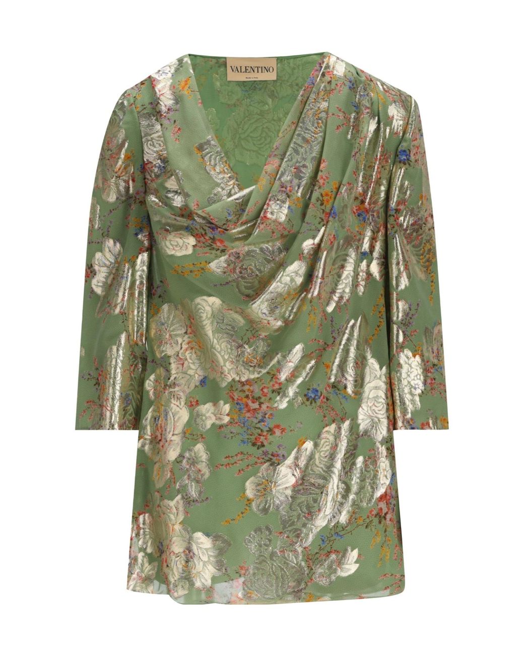 Valentino Green Draped Floral Jacquard Top