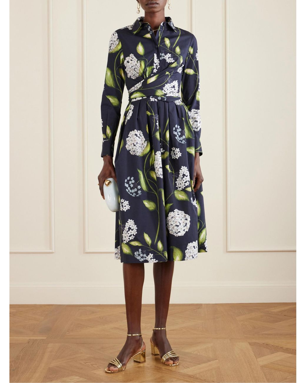 Oscar de la Renta Blue Wrap-Effect Floral-Print Cotton-Blend Poplin Shirt Dress