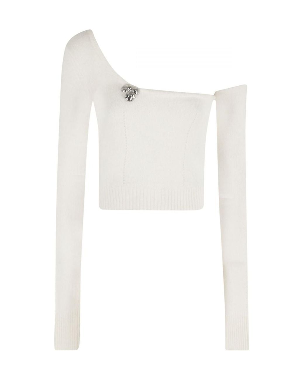 Blumarine White One-Shoulder Brooch Detail Knitted Top