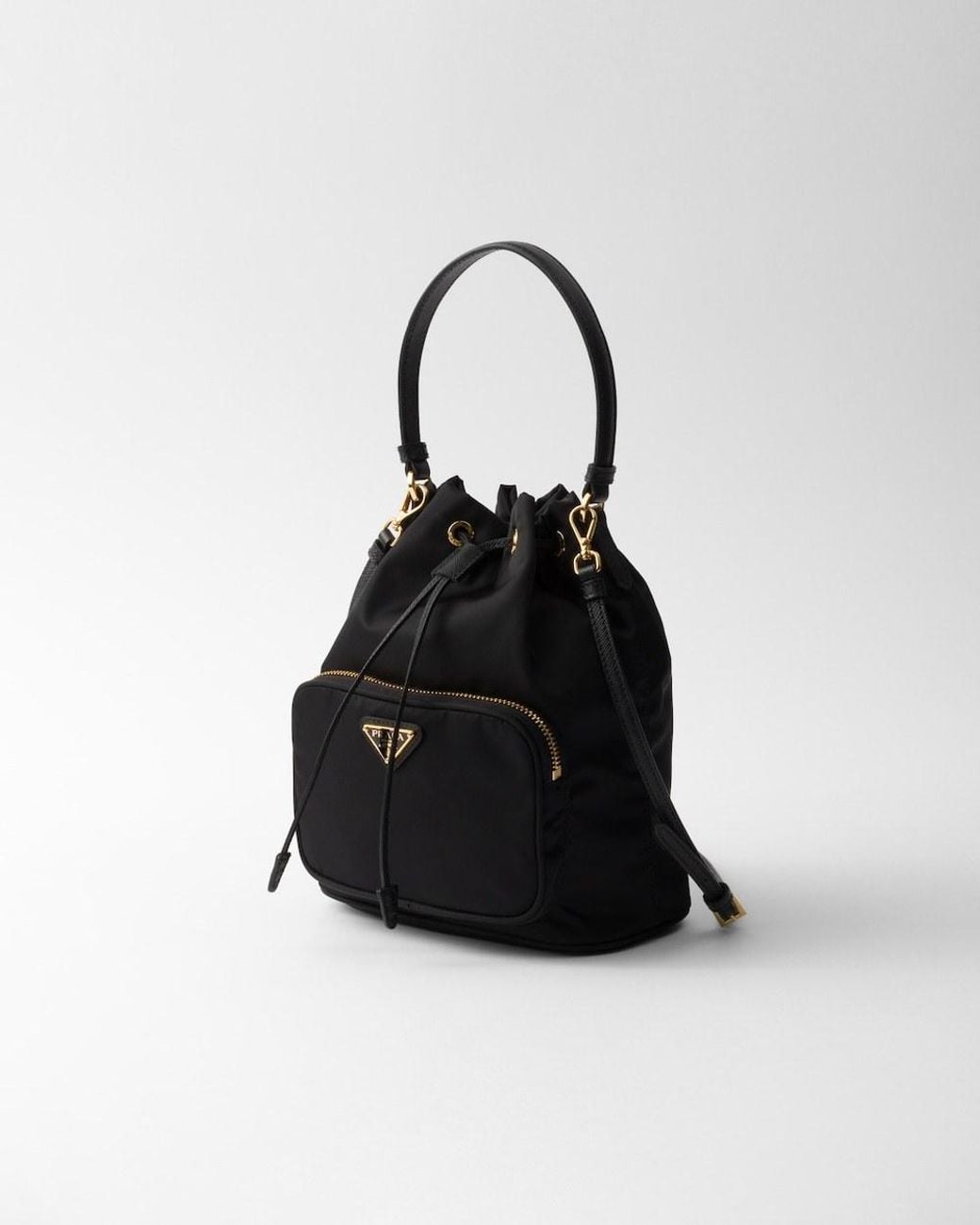 Prada Black Re-Nylon Triangle-Logo Drawstring Bucket Bag