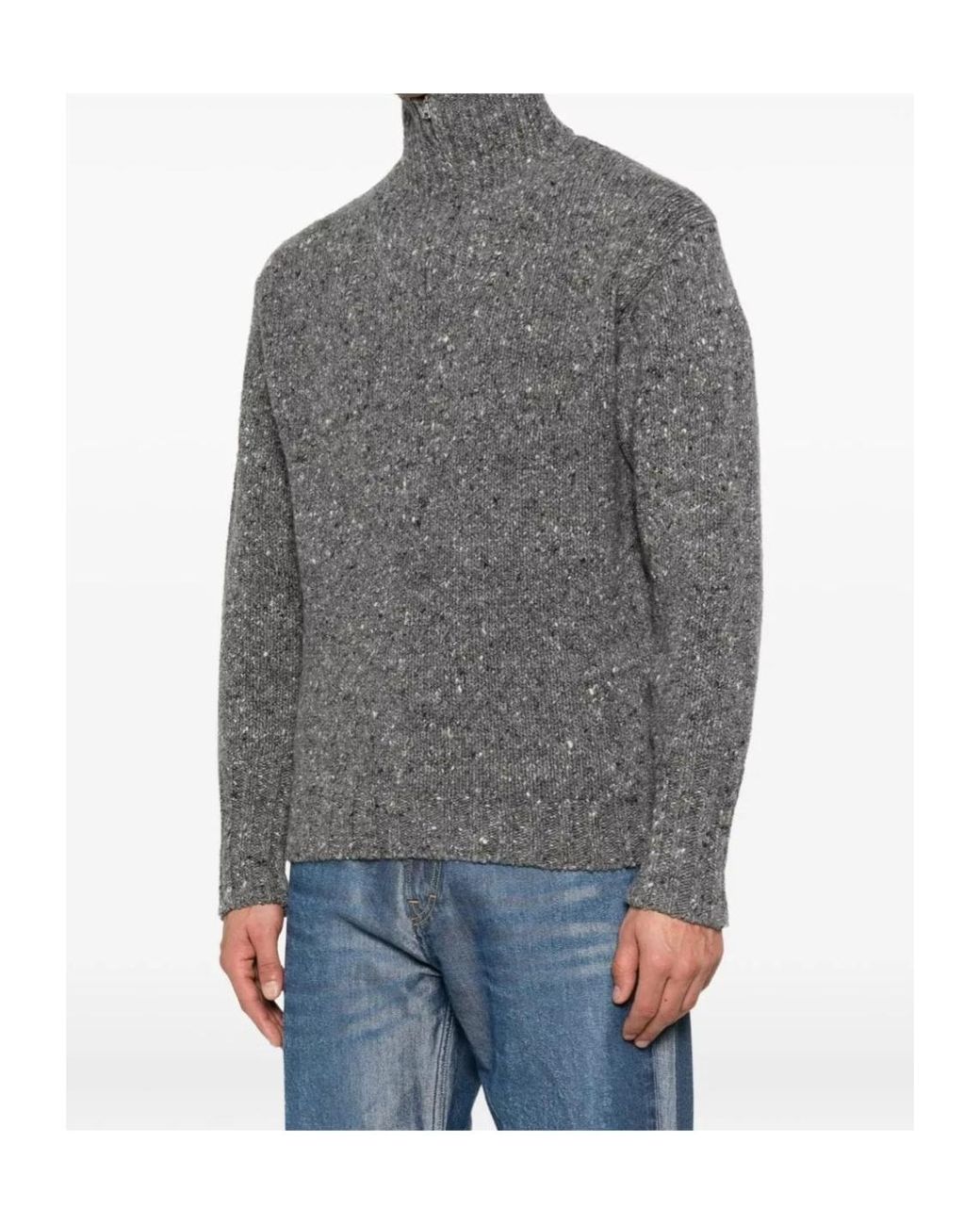 Auralee Gray Low-Gauge Homespun Tweed Knit Zip Turtleneck Jumper for men