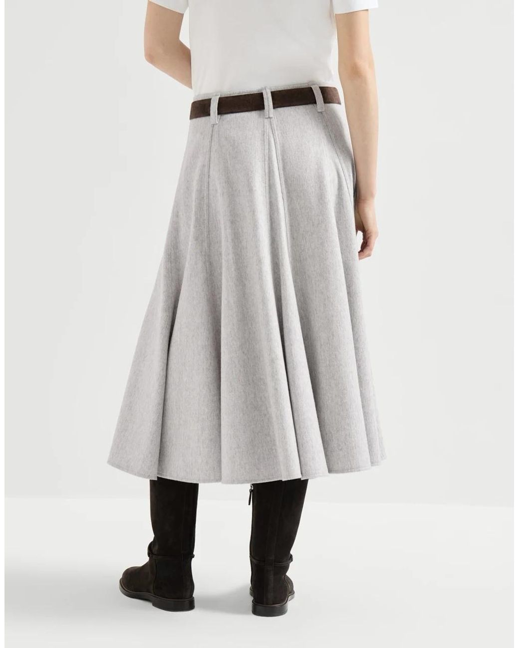 Brunello Cucinelli Gray Wool Flannel Flared Skirt With Monili