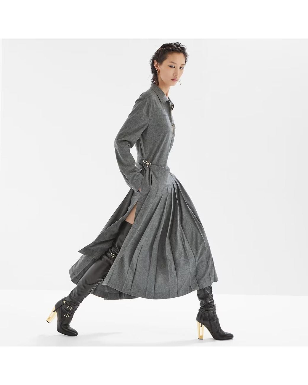 Fendi Gray Long Sleeved Pleated Shirt-Style Jumpsuit