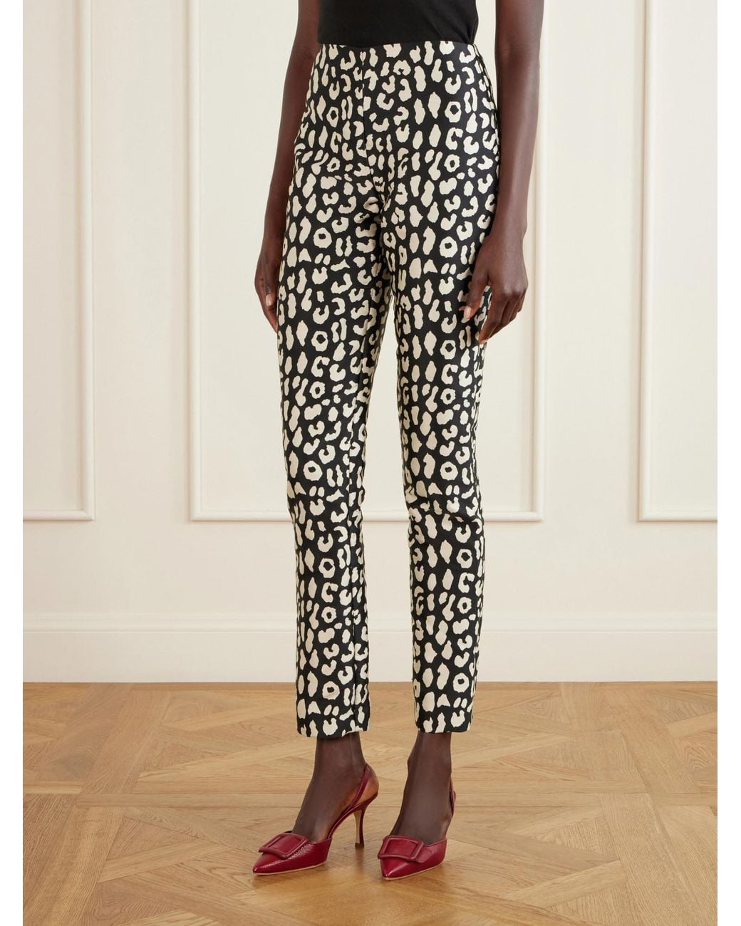 Carolina Herrera Black Leopard-Patterned Jacquard Slim-Leg Pants