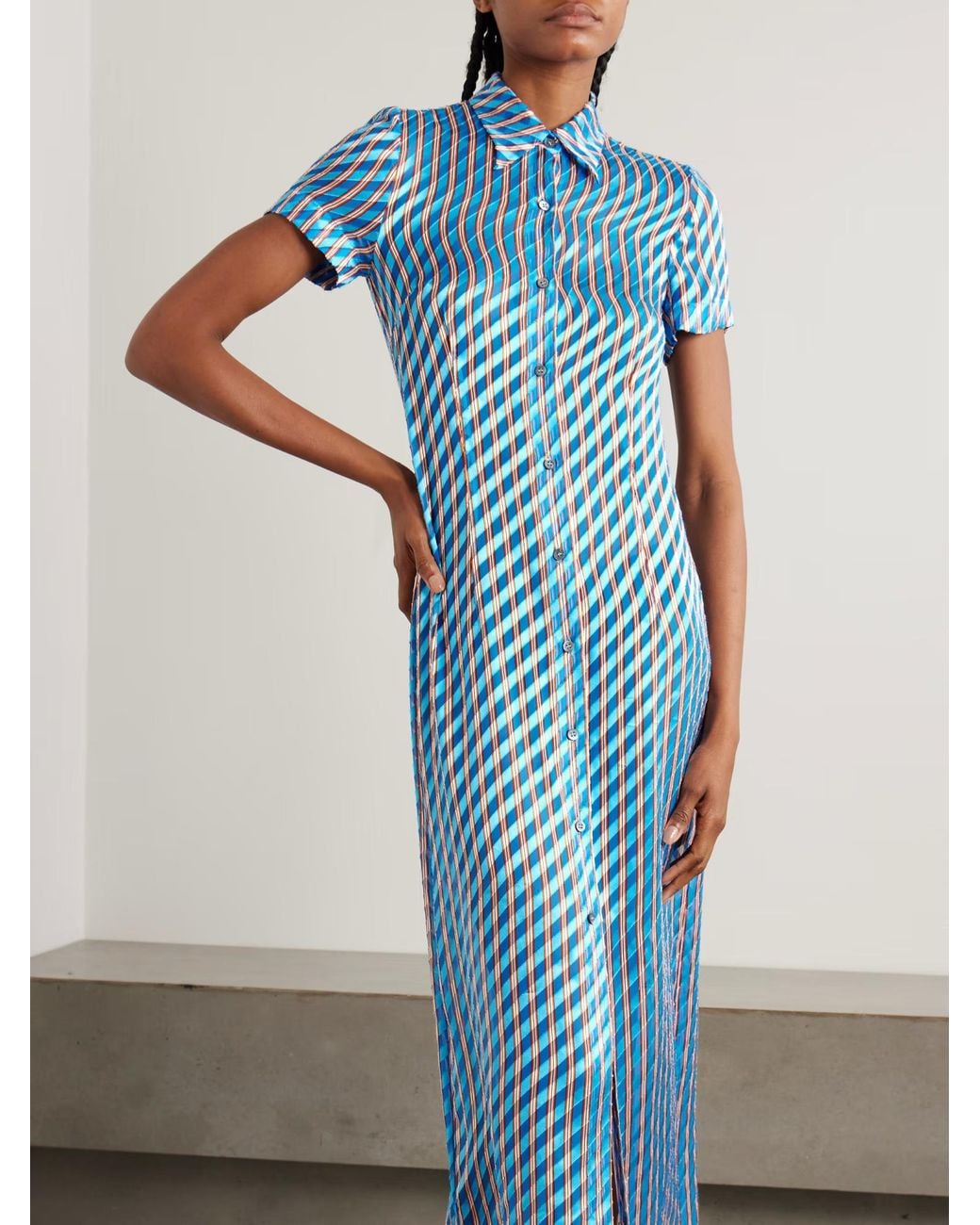 Dries Van Noten Blue Striped Midi Shirt Dress