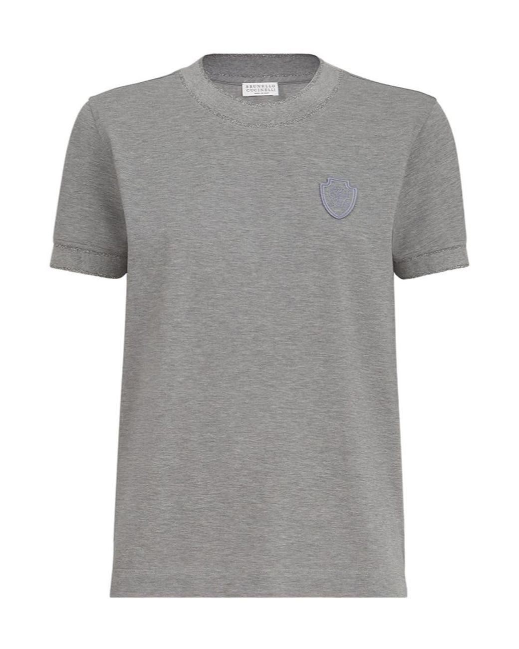 Brunello Cucinelli Gray Stretch Cotton Piqué T-Shirt With Sparkling Cotton Knit Inserts And Logo