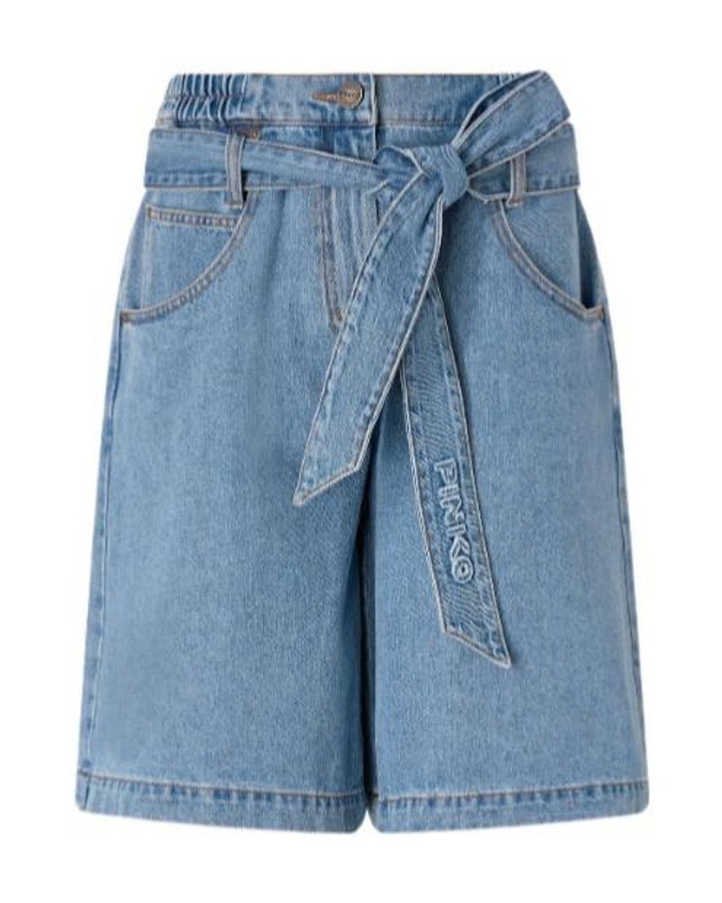 Pinko Blue Wide-Leg Denim Bermuda Shorts With Belt