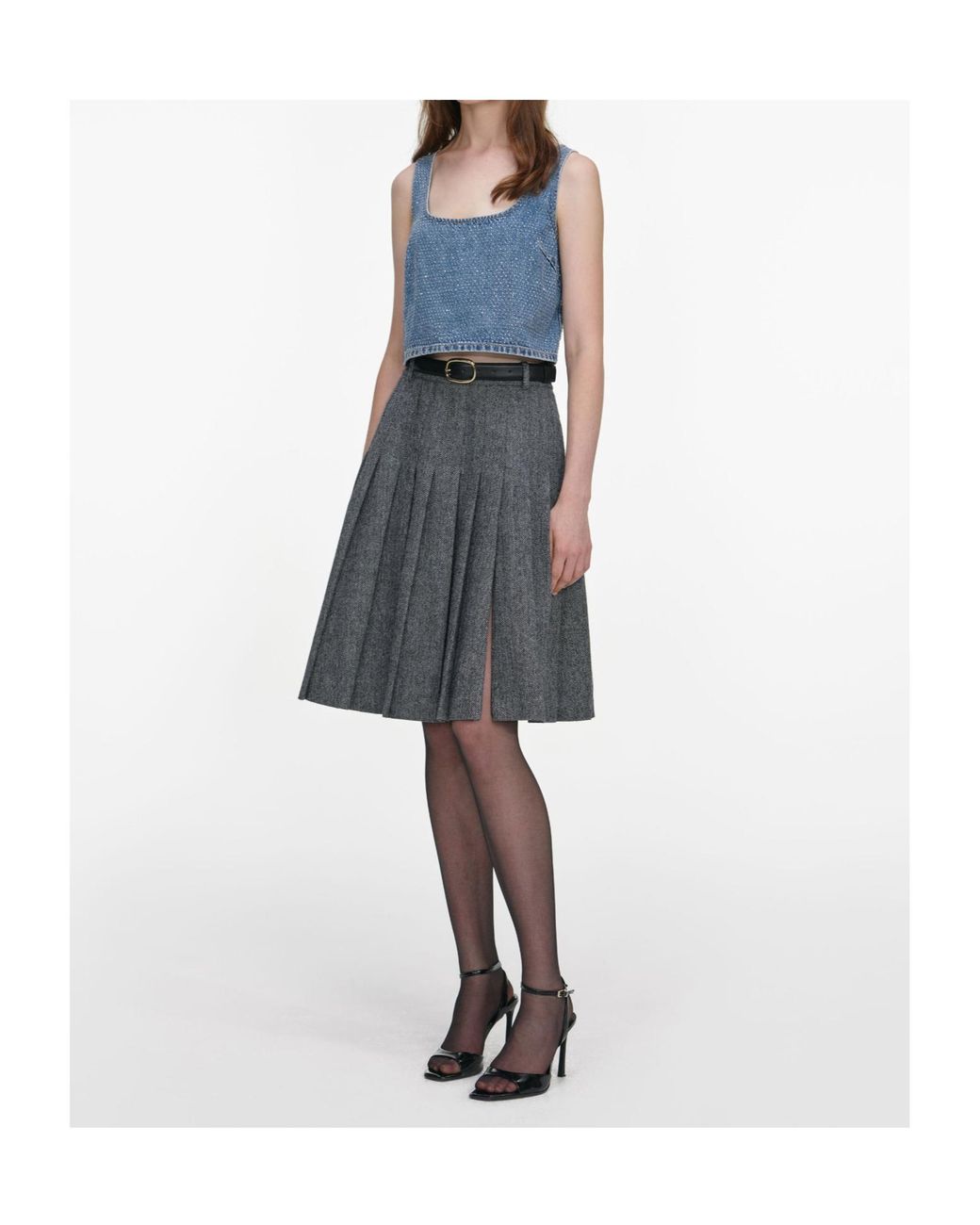 Self-Portrait Gray Herringbone Pleated Midi Skirt