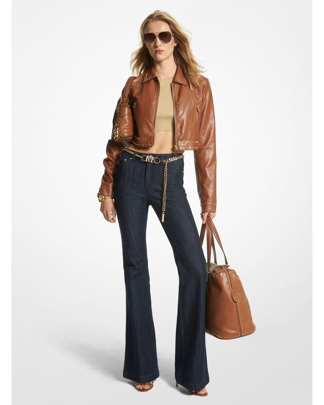 MICHAEL Michael Kors Blue Stretch Belted Flared Jeans