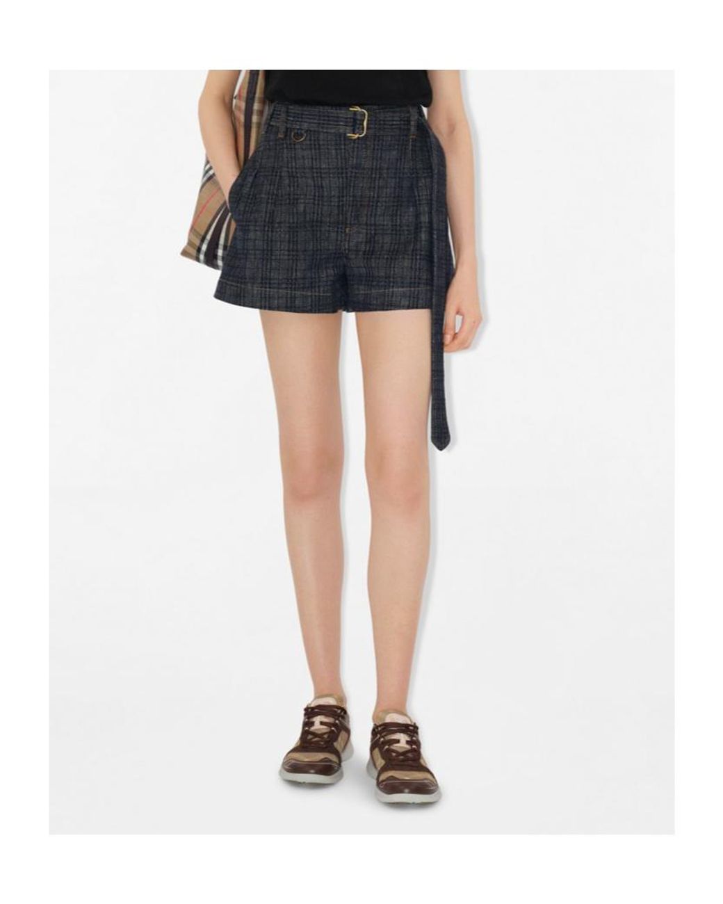 Burberry Blue Belted Check Denim Shorts