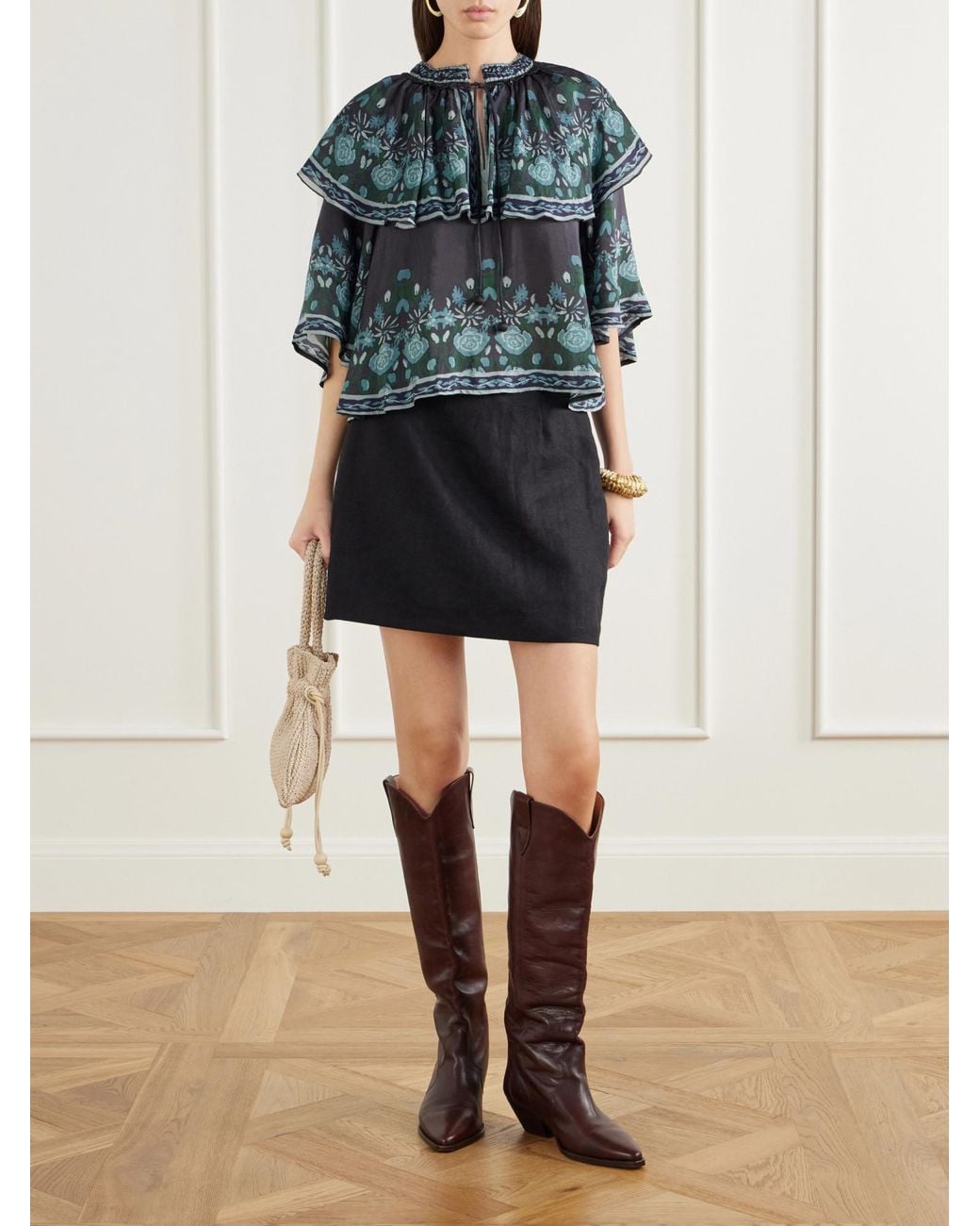 Sea Gray Tulla Cape-Detailed Printed Habotai Blouse