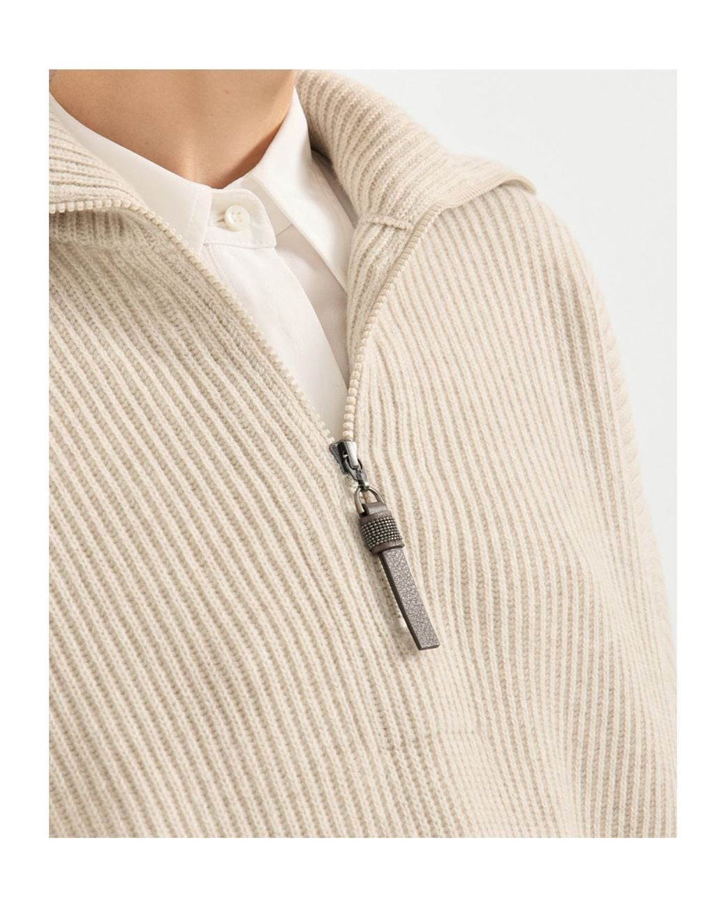 Brunello Cucinelli Natural Cashmere English Rib Sweater With Shiny Zipper Pull