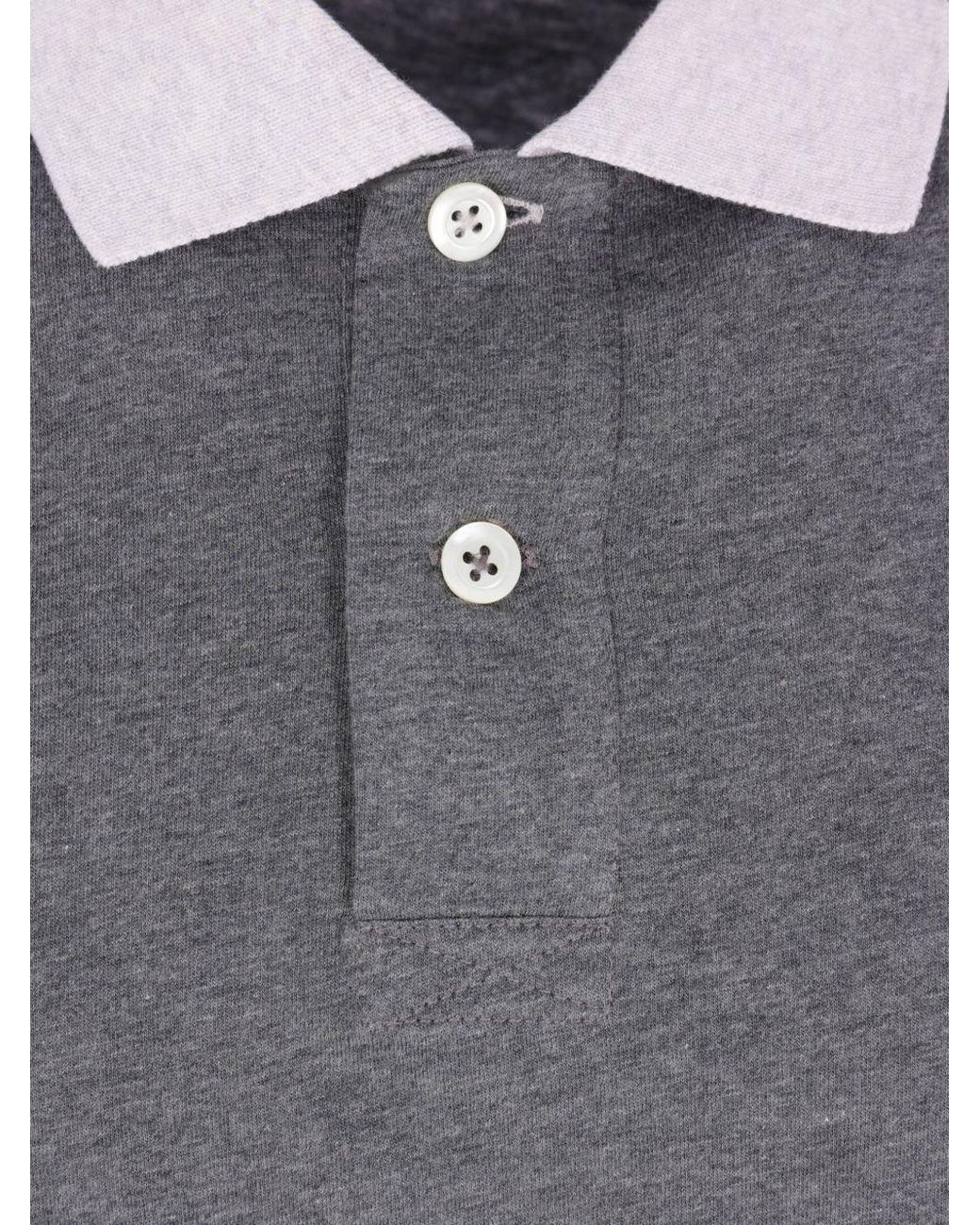 Brunello Cucinelli Gray Logo Embroidered Long-Sleeved Polo Shirt for men