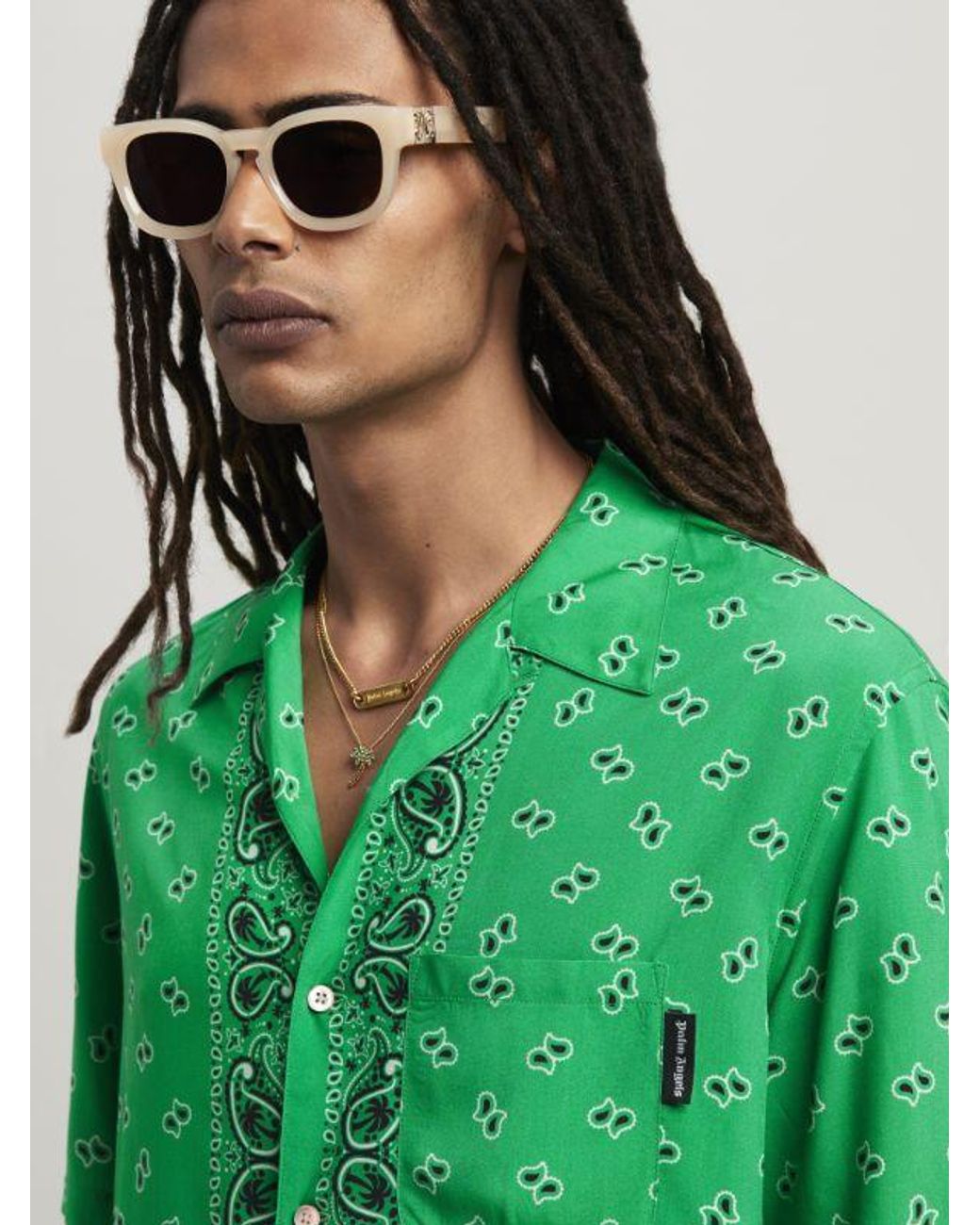 Palm Angels Green Paisley Printed Short-Sleeved Shirt for men