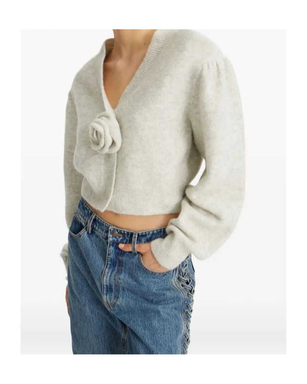 ROTATE BIRGER CHRISTENSEN Gray Puff-Sleeve Rose-Embellished Cardigan