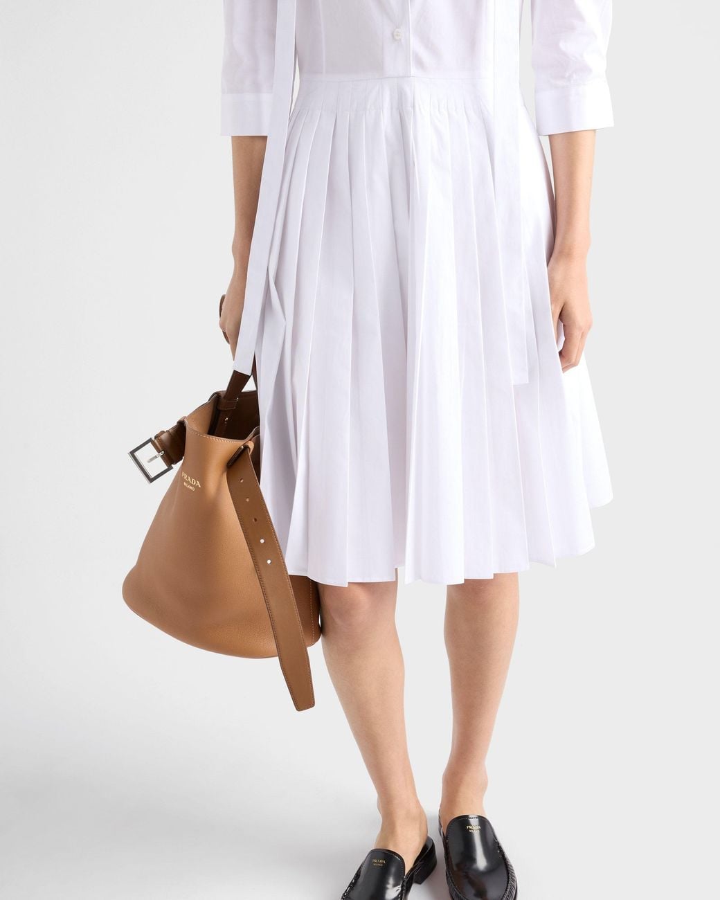 Prada White Pleated Poplin Shirt Dress