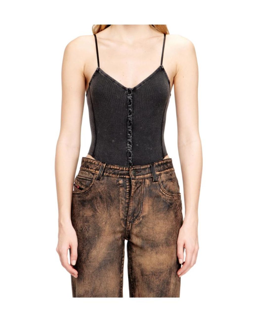 DIESEL Black T-Ley Marbled Ribbed Jersey Thong Bodysuit