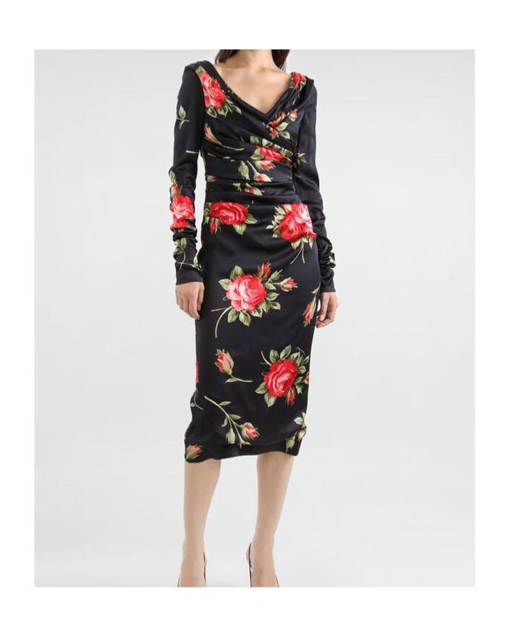 Dolce & Gabbana Red Ruched Floral Midi Dress