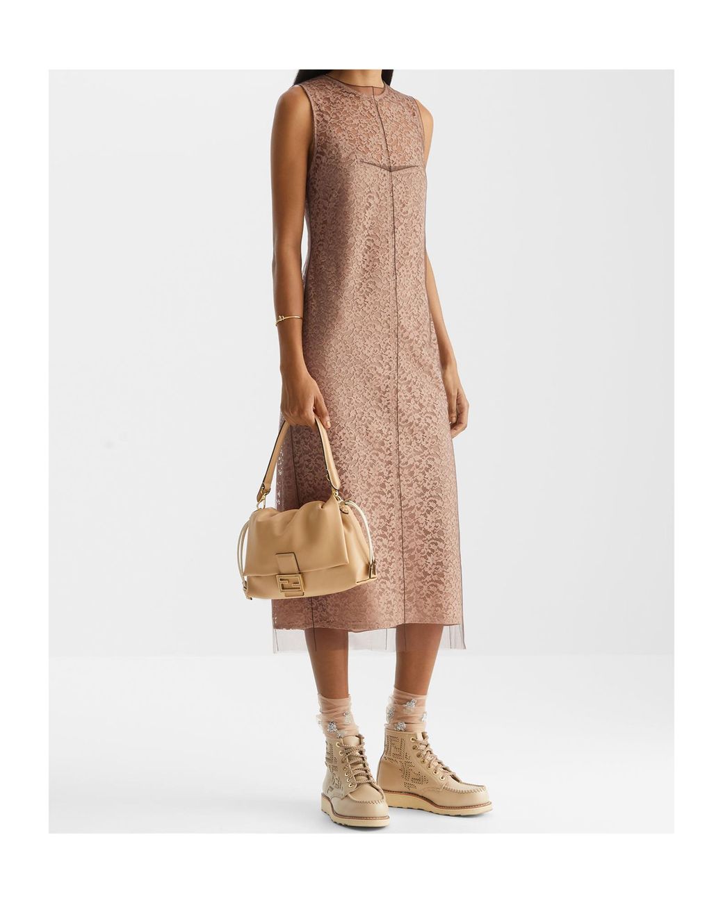 Fendi Natural Floral Lace Detailed Sleeveless Midi Dress