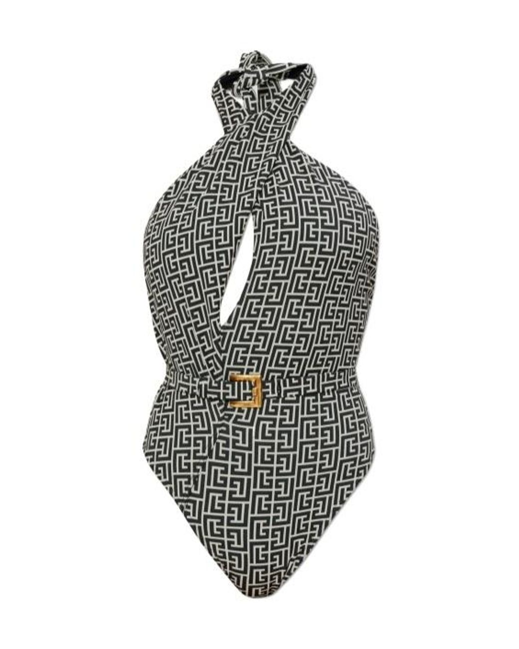 Balmain Gray Logo Monogram One Piece Swimsuit