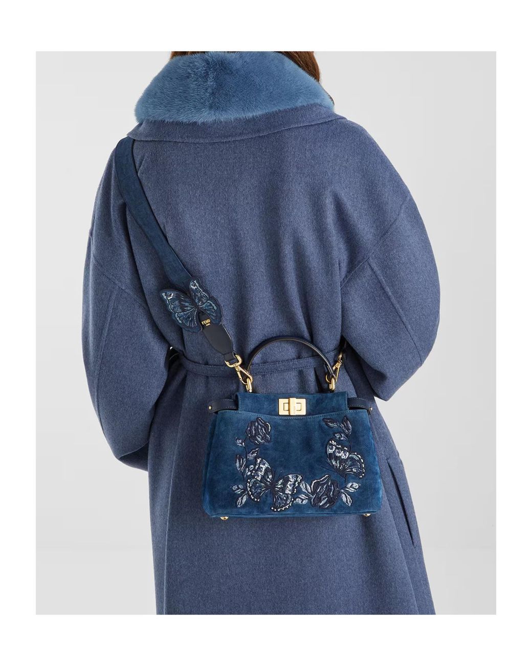 Fendi Blue Mini Peekaboo Floral-Embroidered Denim Tote Bag