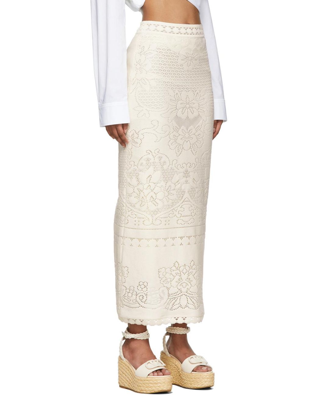 Valentino White High-Waisted Heavy Lace Skirt