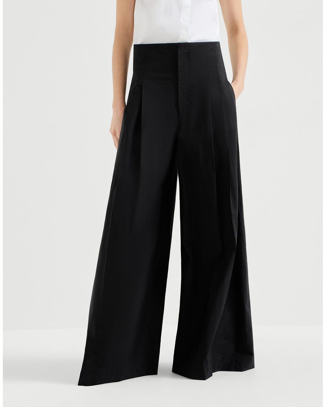 Brunello Cucinelli Black Techno Cotton Poplin Tailored Trousers