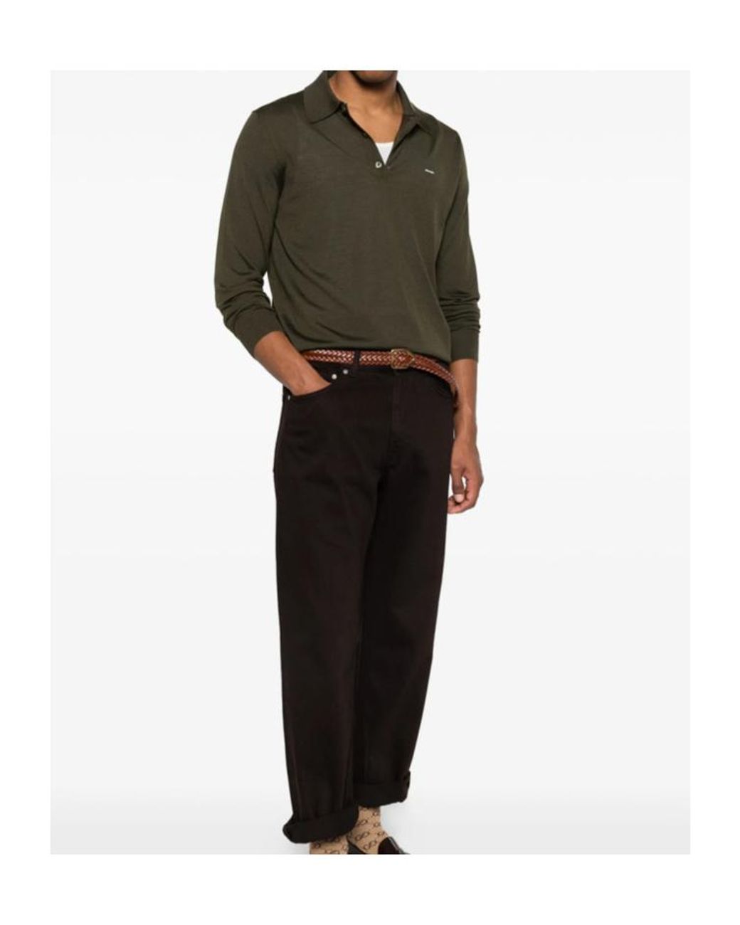 Prada Green Long-Sleeved Knitted Polo Shirt for men