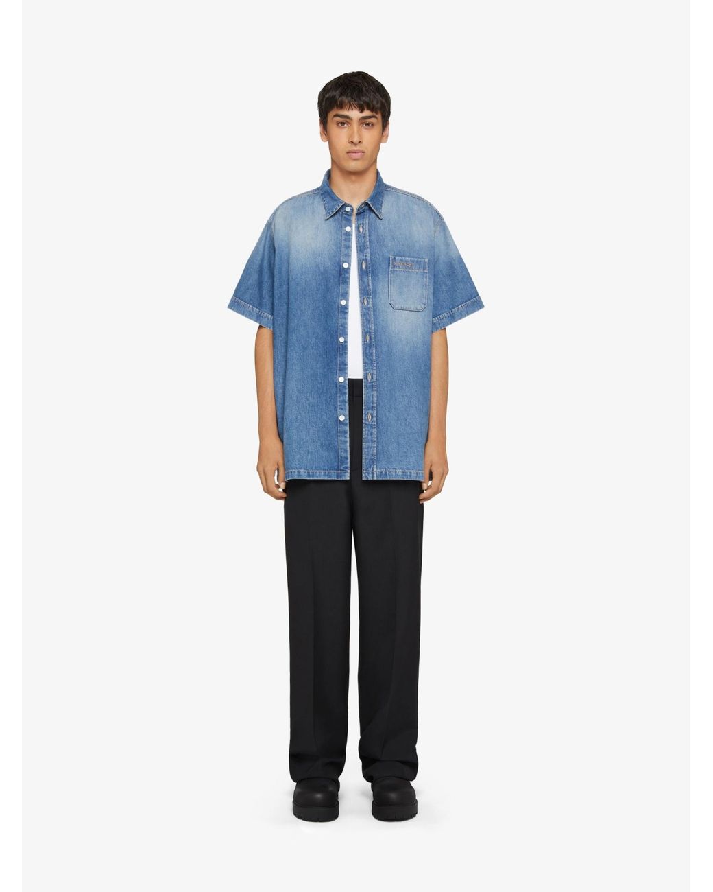 Givenchy Blue Logo Embroidered Denim Shirt for men