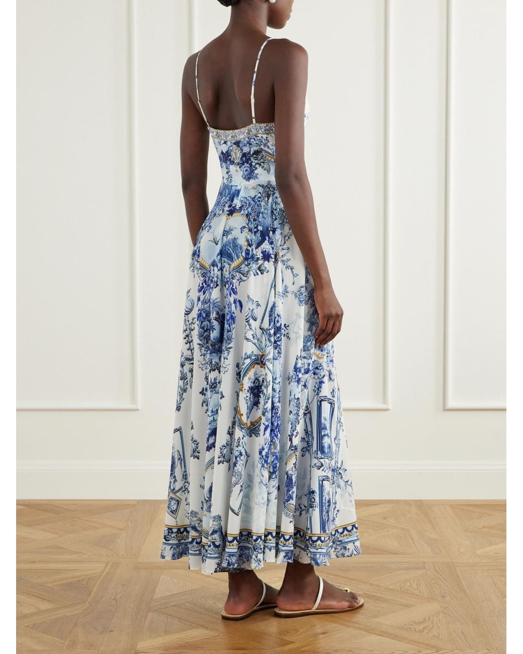 Camilla Blue Porcelain Parlour Tie-Detail Crystal-Embellished Printed Silk Maxi Dress