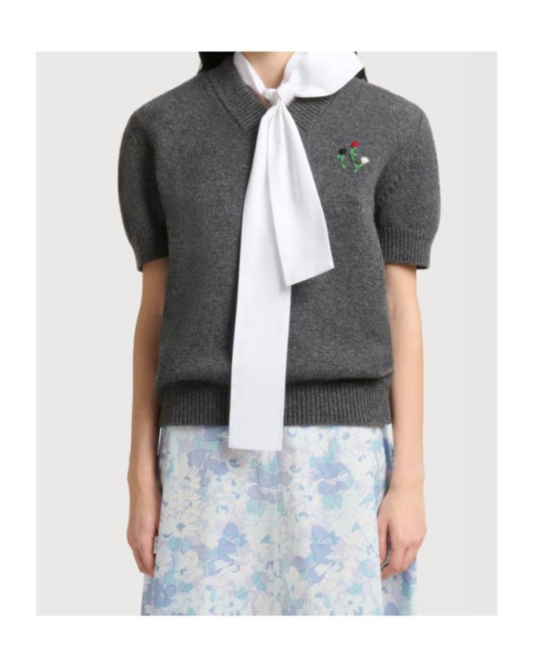Marni Gray Floral-Embroidered Short Sleeved Jumper