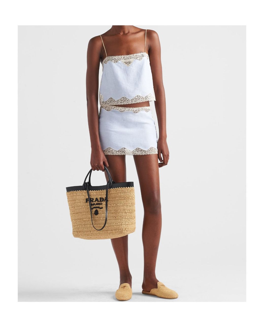 Prada Blue Embroidered, Lace-Trimmed Linen Miniskirt