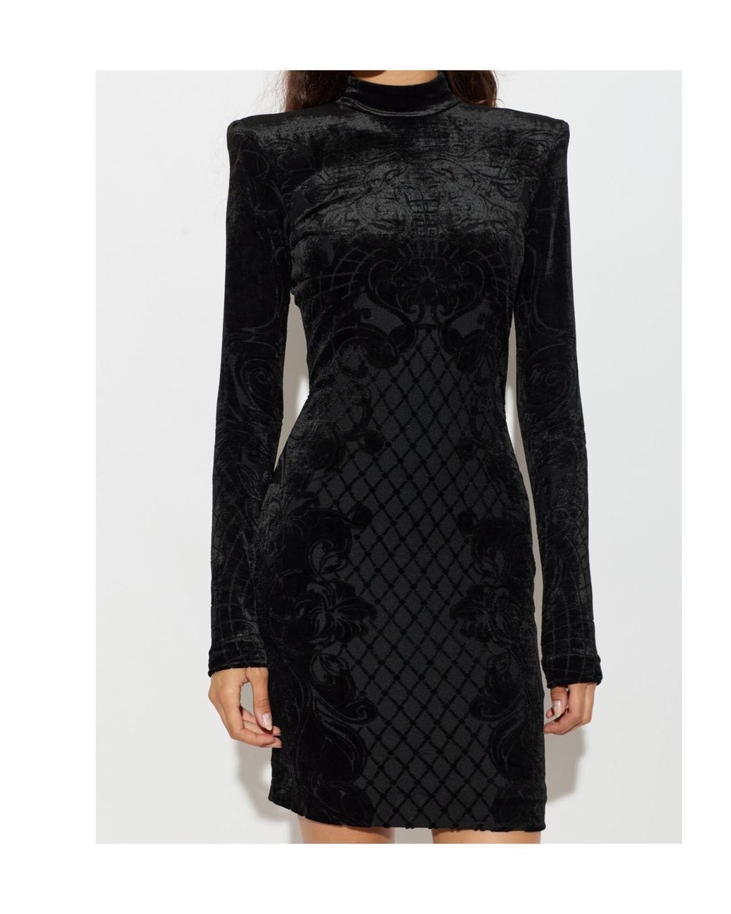Balmain Black Flocked Velvet Turtleneck Dress