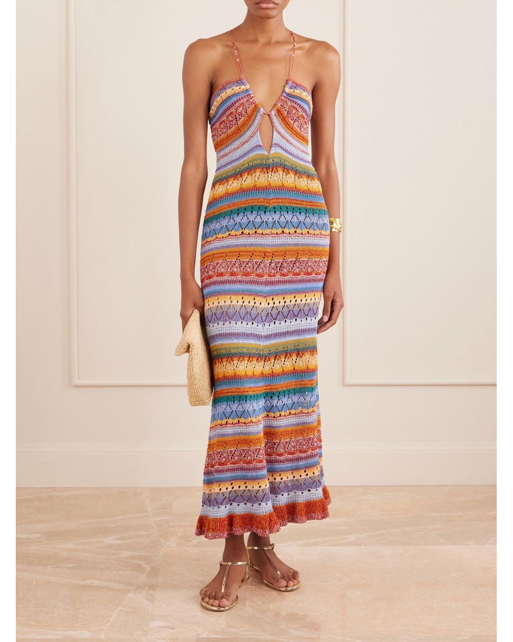 Etro Red Crocheted Striped Cotton Midi Dress