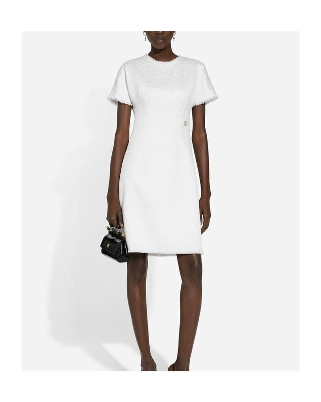 Dolce & Gabbana White Dg Logo Plaque Raschel Tweed Midi Dress
