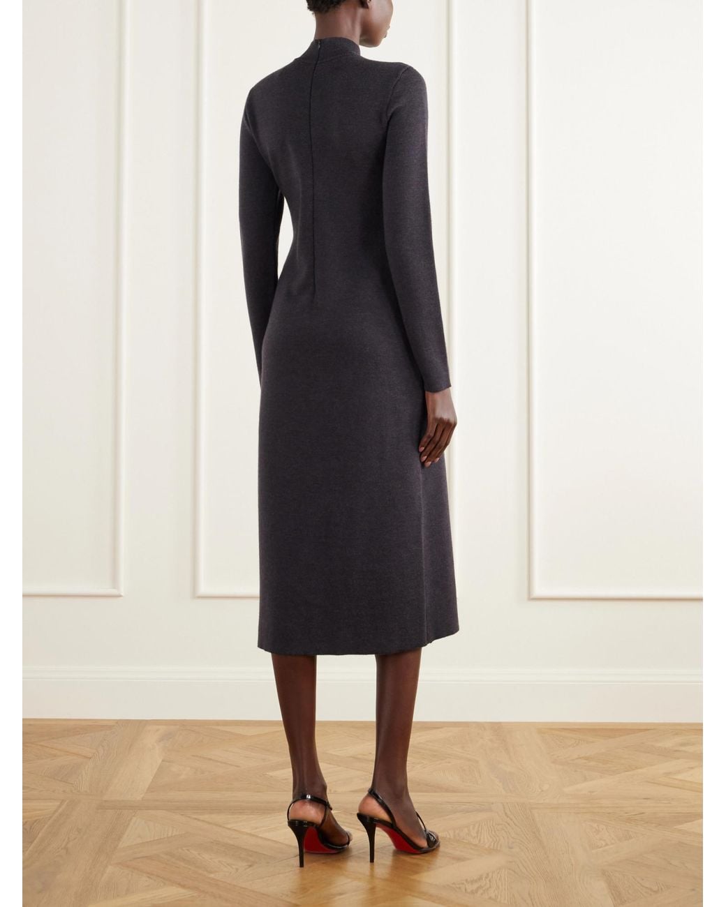 Oscar de la Renta Black Bead-Embellished Embroidered Wool-Blend Knitted Midi Dress