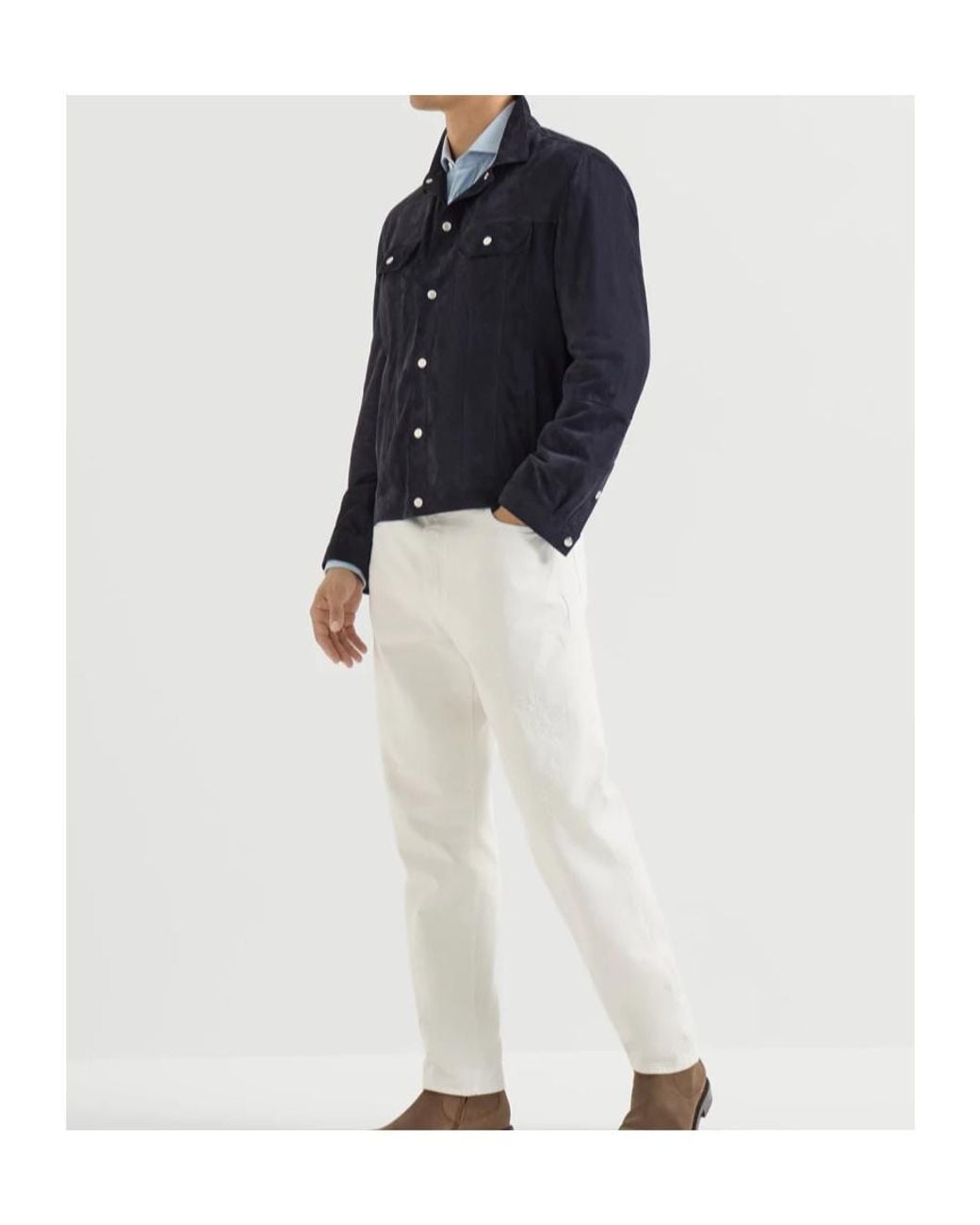 Brunello Cucinelli Blue Cotton And Cashmere Denim-Effect Diagonal Shirt With Spread Collar for men