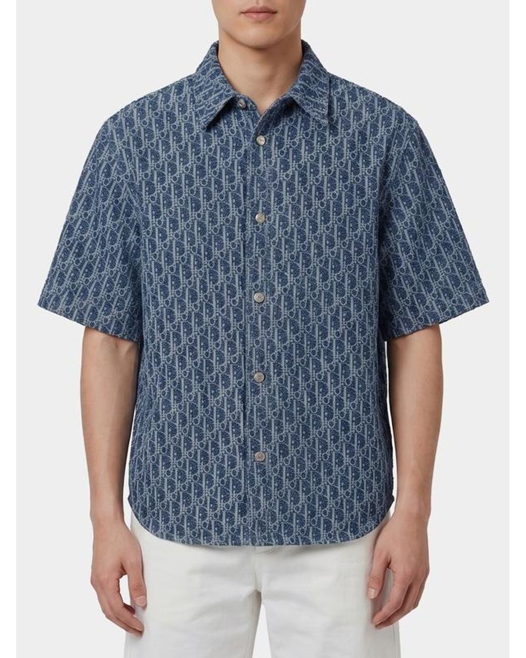 Dior Blue Homme Oblique Pattern Short-Sleeve Shirt for men
