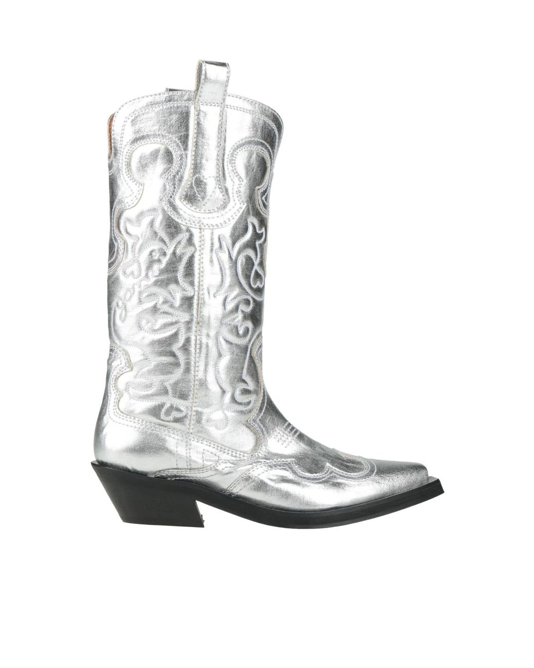 Ganni White Metallic Embroidered Denim Boots
