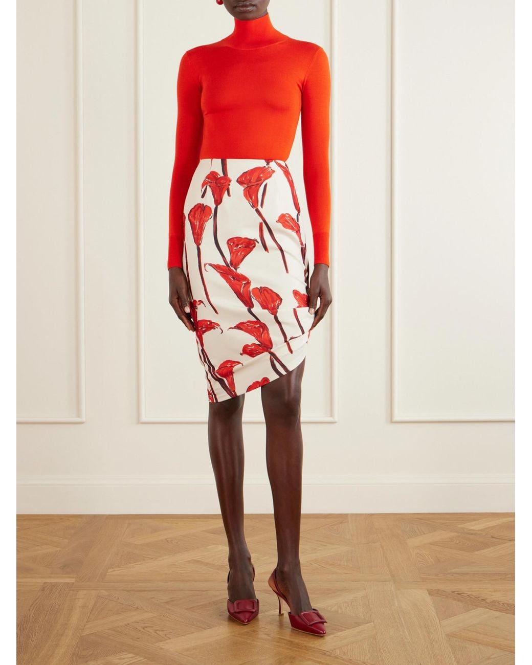 Carolina Herrera Red Floral-Print Cady Midi Skirt