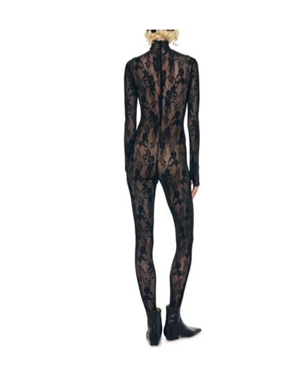 Norma Kamali Black Lace Mesh Long-Sleeve Jumpsuit