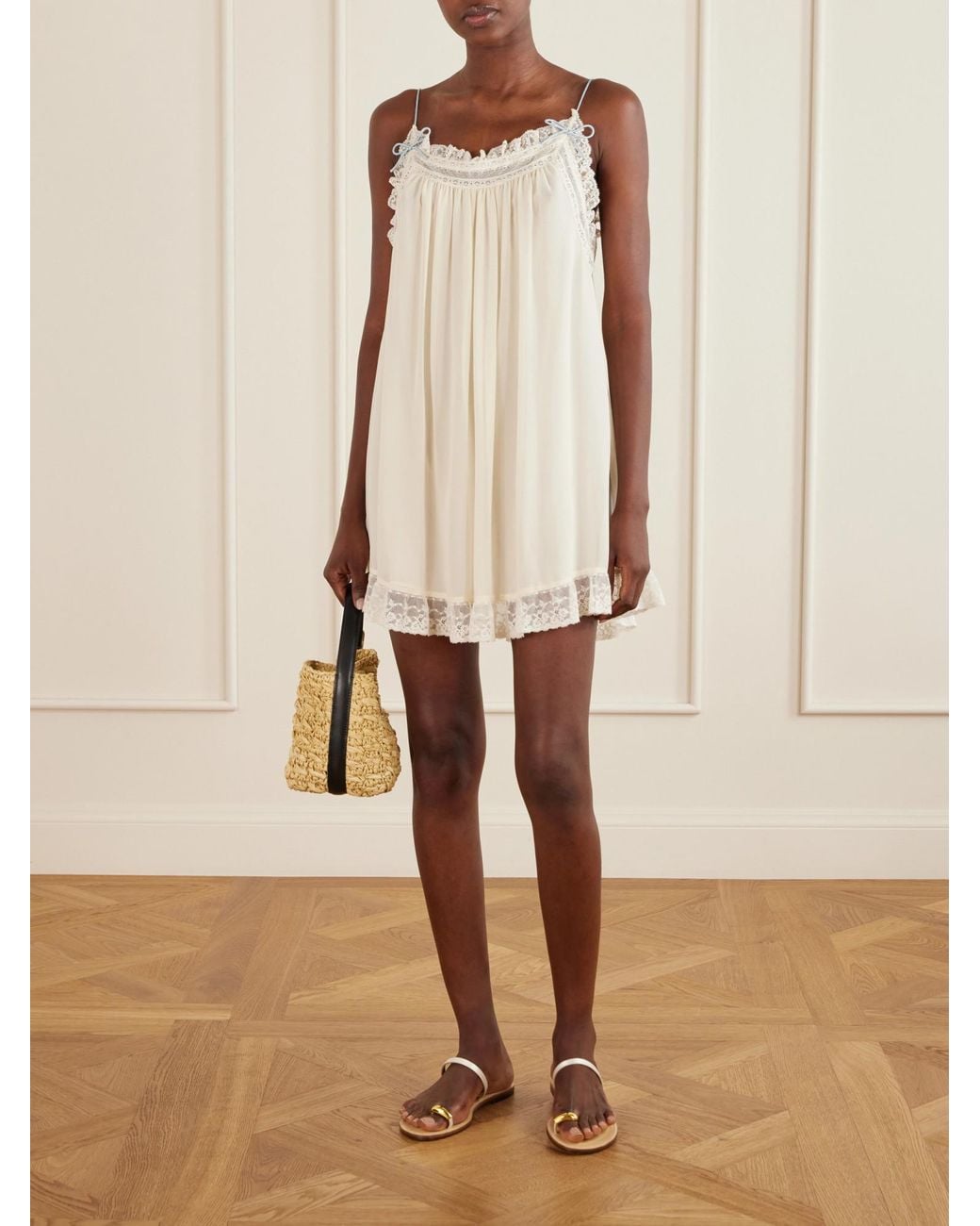 Doen White Lace-Trimmed Silk Mini Dress