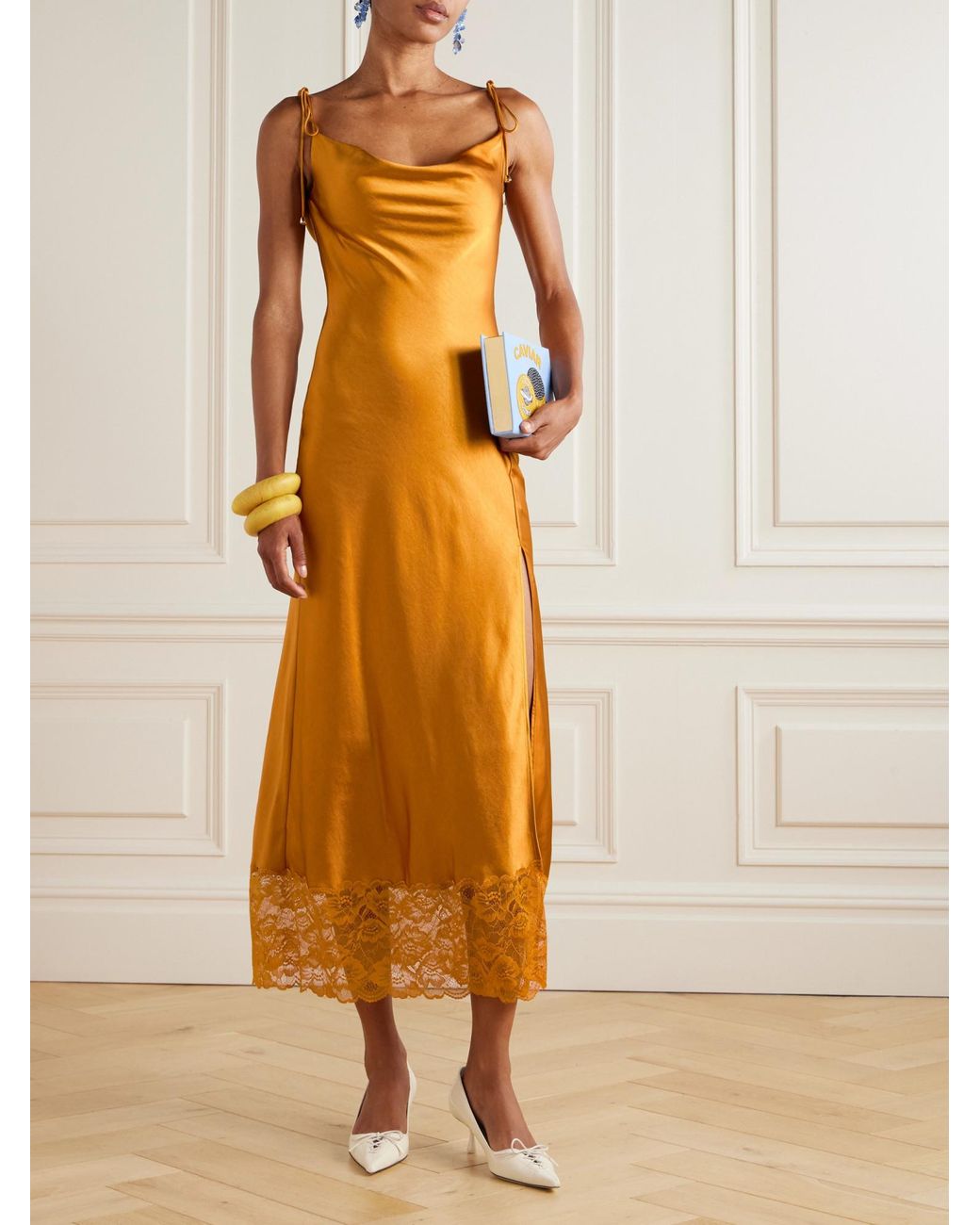 Self-Portrait Orange Romantic Satin Slip Dress