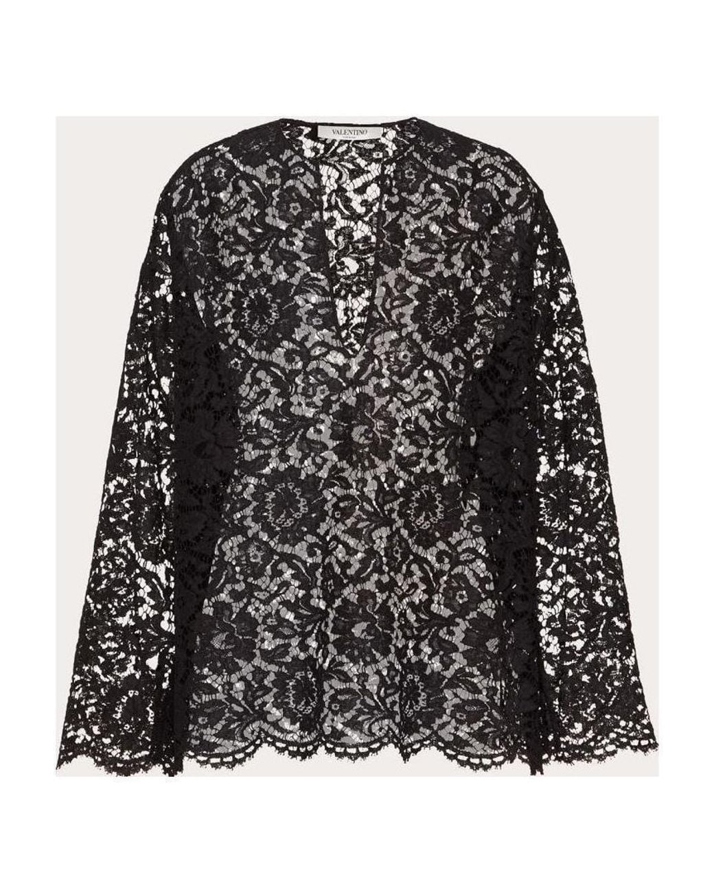 Valentino Black Long-Sleeve Lace-Overlay Blouse