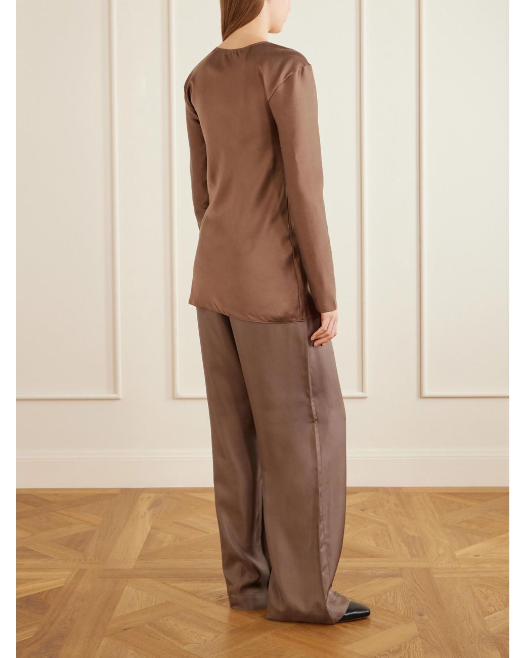 Ruohan Brown Silk-Blend Satin Blouse
