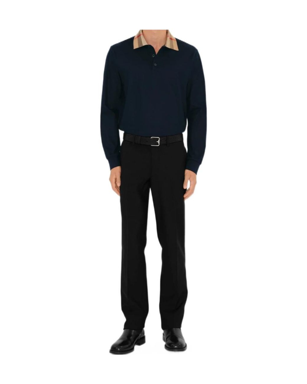 Burberry Blue Cotton Check-Collar Long-Sleeve Polo Shirt for men