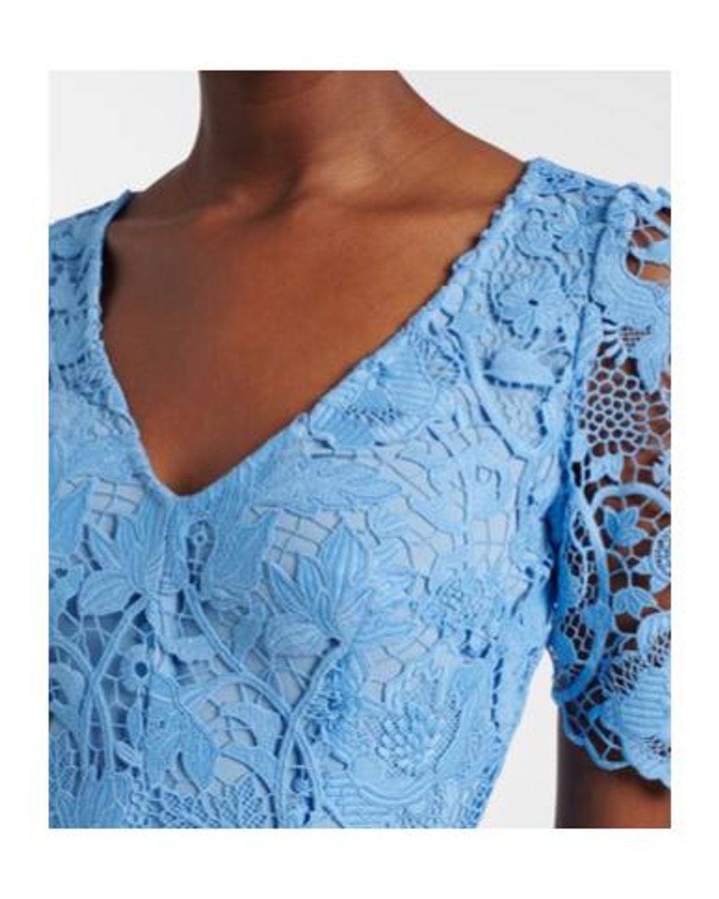 Monique Lhuillier Blue Belted Lace Midi Dress