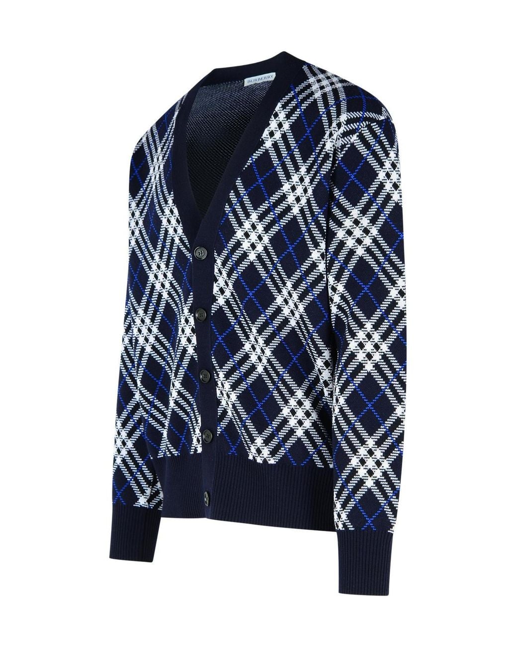 Burberry Blue Checked V-Neck Cardigan for men